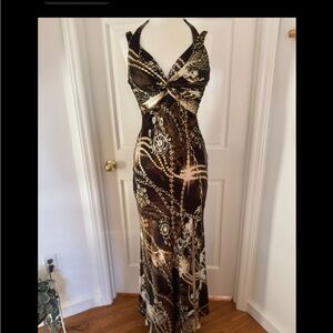 Mary L Couture Black and Gold Patterned Backless Dress